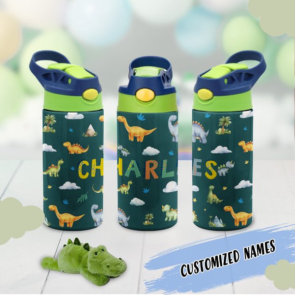 Personalized Multicolor Dinosaur 12oz Name Water Bottle with Straw and Spill-Proof Lid Back To School Birthday Gift for Boys Girls