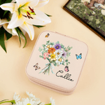 Personalised Butterfly Birth Flower Bouquet Portable Leather Travel Jewellery Box with Name Birthday Bridesmaid Family Gift for Women