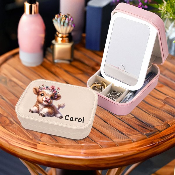 Personalized Cute Birth Flower Highland Cow Jewelry Box with LED Three-color Adjustable Makeup Mirror Travel Essential Birthday Gift for Women