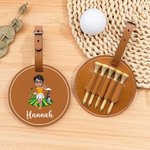 Henkilökohtainen sarjakuvahahmo PU Nahka Golf Tee haltija varastointi laukku nimi Golf tarvike syntymäpäivälahja Golfer Golf pelaaja