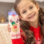 Personalised Colorful Reindeer 12oz Kid Water Bottle with Name and Silicone Straw Birthday Christmas Gift for Girls Boys