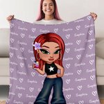 Personalised Cartoon Y2K Girl Cozy Soft Throw Blanket with Name Home Decor Birthday Gift for Women Girls