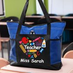 Bolsa de asas de gran capacidad con bolsillo de malla y cremallera personalizada con diseño de lápiz de manzana y crayón Regalo de agradecimiento por la vuelta al cole para un profesor