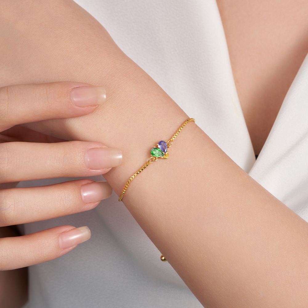 Bracelet Ajustable Personnalisé avec 2 Pierres de Naissance en Forme de Coeur Cadeau d'Amitié d'Anniversaire pour Couple Meilleur Amie