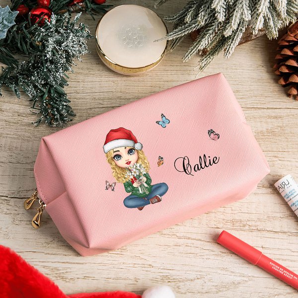 Personalisierte Cartoon-Charakter Geburt Blume Blumenstrauß große Leder Kosmetiktasche Tasche mit Namen Muttertag Geburtstag Weihnachten Geschenk für Frauen