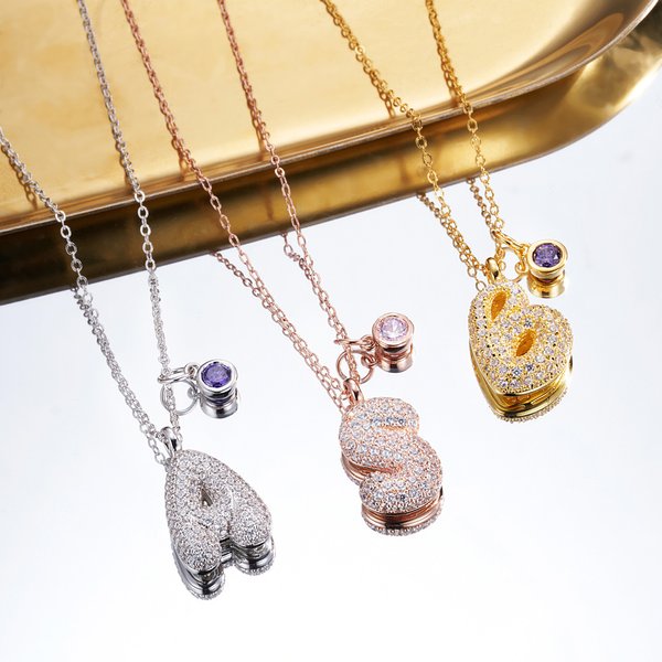 Personligt Pave Zircon 3D Puff Letter Initial Hängsmycke Halsband med Födelsesten Smycken Födelsedag Jubileum Present för Kvinnor