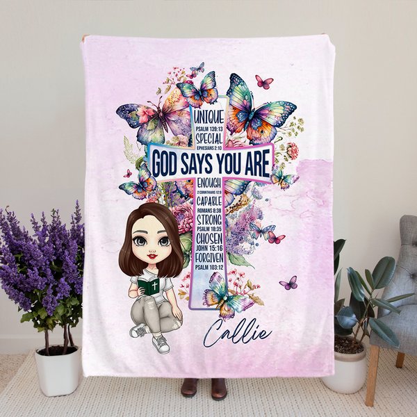 Personalized God Says You Are Unique Special Bible Warm Throw Blanket with Name Cartoon Character Home Decor Birthday Gift for Christian Women