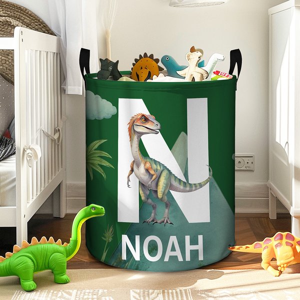 Personalized Cute Dinosaur Large Waterproof Name Initial Laundry Storage Basket with Handle Birthday Housewarming Gift for Boys Girls
