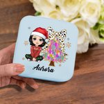 Personalisierte Cartoon-Charakter Weihnachtsbaum Leder Reise-Schmuck-Box mit Namen Portable Schmuckkoffer Weihnachten Geschenk für Frauen Mädchen