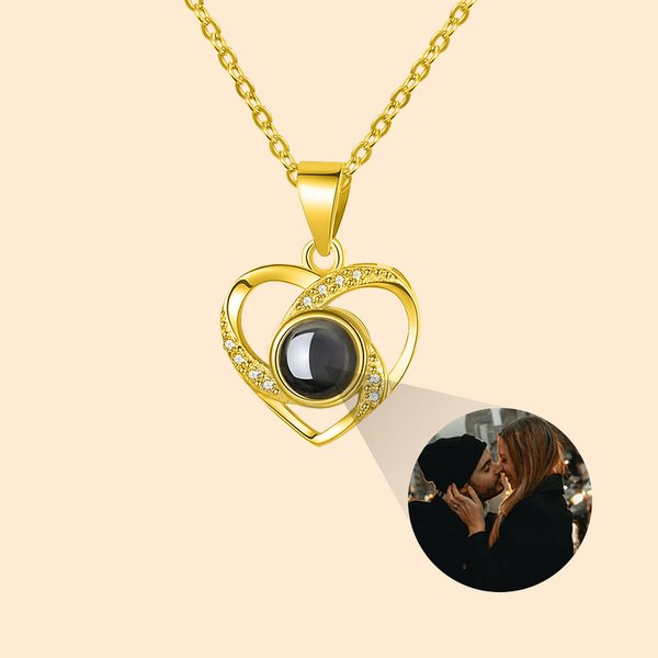 Collier Personnalisé Photo à Projection Collier en Forme de Cœur avec Je T'aime en 100 Langues Cadeau Anniversaire Saint-Valentin pour Femme