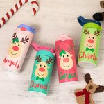 Personalised Colorful Reindeer 12oz Kid Water Bottle with Name and Silicone Straw Birthday Christmas Gift for Girls Boys