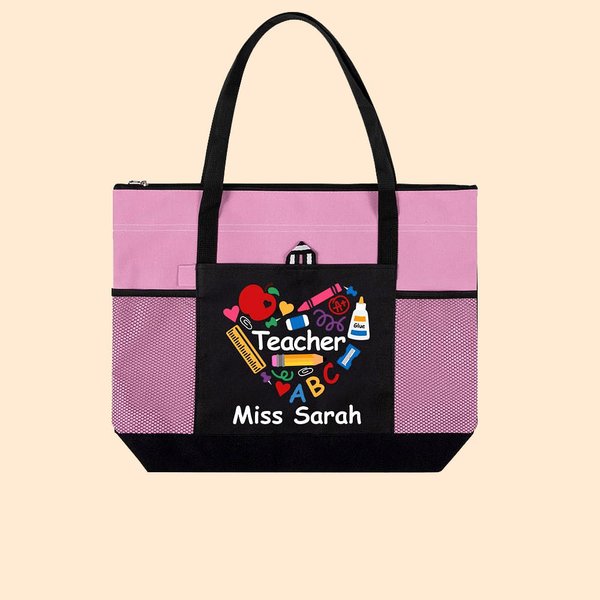 Bolsa de asas de gran capacidad con bolsillo de malla y cremallera personalizada con diseño de lápiz de manzana y crayón Regalo de agradecimiento por la vuelta al cole para un profesor