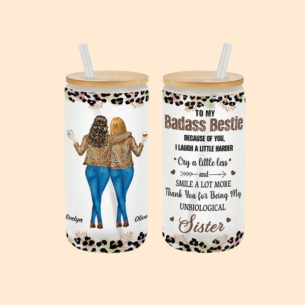 Personalisierte Floral Leopard Badass Sister Cartoon 20oz gefrostet Name Glasbecher mit Bambusdeckel und Stroh Geburtstag Geschenk für Besties Freunde