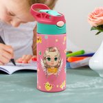 Personalised Butterfly Wings Birth Flower Fun Initial Cartoon 12oz Insulated Kid Name Water Bottle with Handle and Straw Birthday Gift for Boy Girl