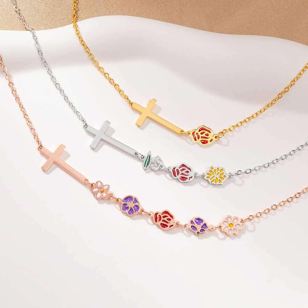 Collier de fleurs de naissance en émail 1-10 Croix de côté personnalisée Bijoux chrétiens Cadeau d'anniversaire de Noël pour les femmes