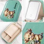 Personalized Cute Birth Flower Highland Cow Jewelry Box with LED Three-color Adjustable Makeup Mirror Travel Essential Birthday Gift for Women