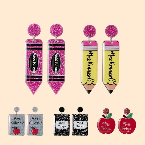 Glitter Pencil Crayon Notebook Earrings with Name