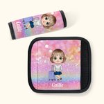 Personalised Cartoon Girl Woman Character Set of 2 Glitter Luggage Handle Wraps with Name and Contact Card Travel Accessories BIrthday Gift for Her