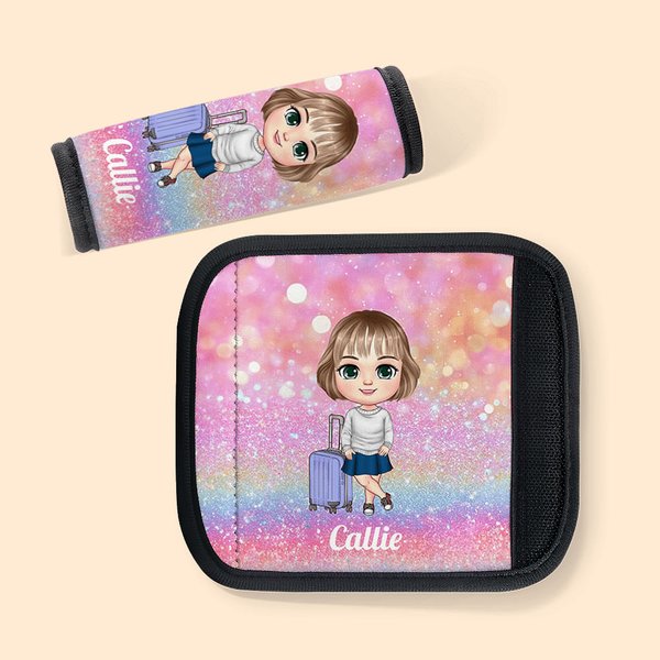 Personalised Cartoon Girl Woman Character Set of 2 Glitter Luggage Handle Wraps with Name and Contact Card Travel Accessories BIrthday Gift for Her