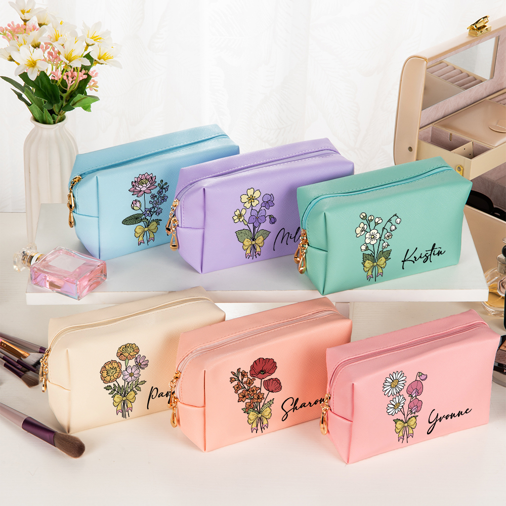 Sac de maquillage personnalisé avec nom et fleur de naissance multicolore Cadeau de voyage pour femme