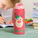 Personalised Colorful Reindeer 12oz Kid Water Bottle with Name and Silicone Straw Birthday Christmas Gift for Girls Boys