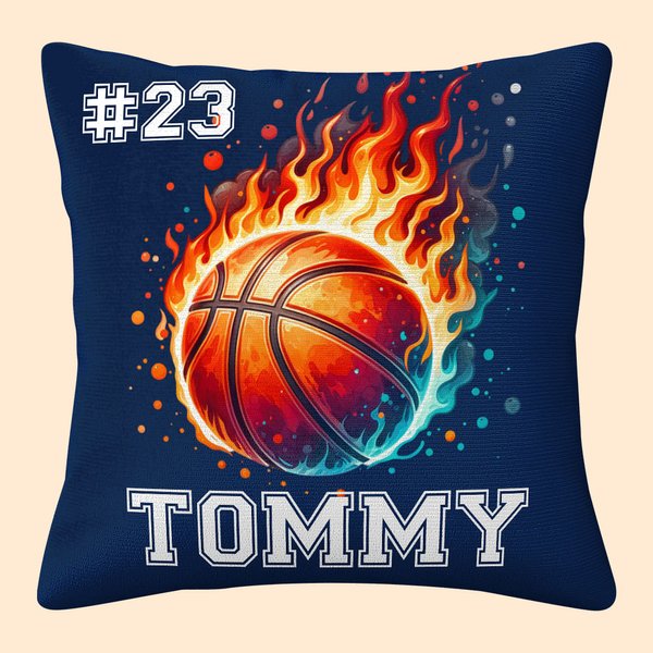 Personalized Flaming Basketball Football Sports Ball Design Soft Throw Pillow Cover with Name Number Birthday Match Day Gift for Ball Games Lovers