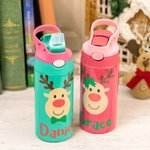 Personalised Colorful Reindeer 12oz Kid Water Bottle with Name and Silicone Straw Birthday Christmas Gift for Girls Boys