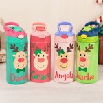 Personalised Colorful Reindeer 12oz Kid Water Bottle with Name and Silicone Straw Birthday Christmas Gift for Girls Boys
