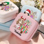 Personalisierte Cartoon-Charakter Weihnachtsbaum Leder Reise-Schmuck-Box mit Namen Portable Schmuckkoffer Weihnachten Geschenk für Frauen Mädchen