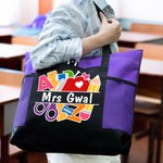 Bolsa de asas de gran capacidad con bolsillo de malla y cremallera personalizada con diseño de lápiz de manzana y crayón Regalo de agradecimiento por la vuelta al cole para un profesor