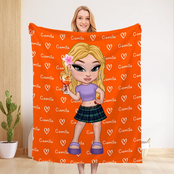 Personalized Cartoon Y2K Girl Cozy Soft Throw Blanket with Name Home Decor Birthday Gift for Women Girls