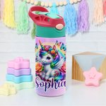 Gourde Isotherme 350ml Personnalisée avec Nom et Motif Licorne Fantastique Bouteille avec Paille en Silicone Cadeau Anniversaire pour Enfant
