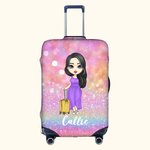 Personalized Cartoon Girl Woman Character Glitter Luggage Cover with Name Fits 18-32 Inches Suitcase Birthday Travel Accessories Gift for Her