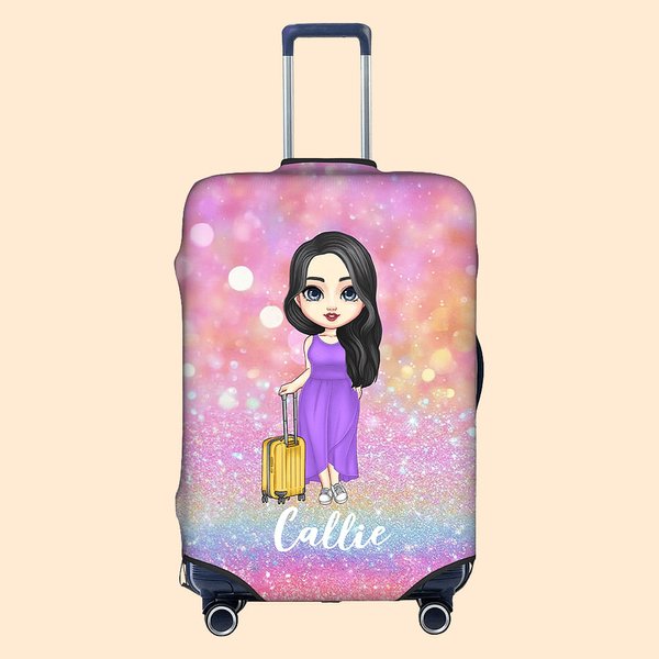 Personalized Cartoon Girl Woman Character Glitter Luggage Cover with Name Fits 18-32 Inches Suitcase Birthday Travel Accessories Gift for Her