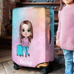 Personalized Cartoon Girl Woman Character Glitter Luggage Cover with Name Fits 18-32 Inches Suitcase Birthday Travel Accessories Gift for Her