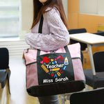 Bolsa de asas de gran capacidad con bolsillo de malla y cremallera personalizada con diseño de lápiz de manzana y crayón Regalo de agradecimiento por la vuelta al cole para un profesor