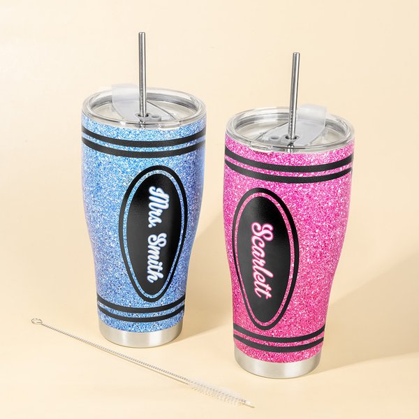 Personalizzato Multicolore Glitter Crayon Design 30 oz nome Tumbler curvo con cannuccia Back to School Appreciation Gift for Teacher
