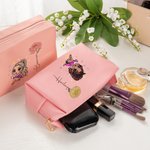 Personalized Cartoon Fashion Girl Birth Flower Makeup Bag with Name Birthday Bridal Shower Gift for Girls Women