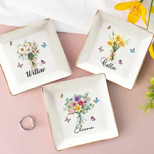 Personalized 1-8 Birth Flowers Bouquet Ceramic Trinket Jewelry Dish with Name Birthday Bridesmaid Party Gift for Women
