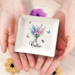 Personalized 1-8 Birth Flowers Bouquet Ceramic Trinket Jewelry Dish with Name Birthday Bridesmaid Party Gift for Women