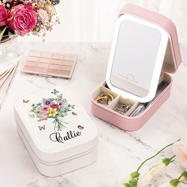 Personalized 1-8 Birth Flowers Bouquet Leather Jewellery Box with LED Three-colour Adjustable Makeup Mirror Travel Essential Birthday Gift for Family