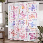 Gepersonaliseerd Multicolor Vlinder Naam Wolk Douchegordijn met 12 roestvrije zeilringen Badkamer Decor Verjaardag Housewarming Gift voor vrouwen Meis
