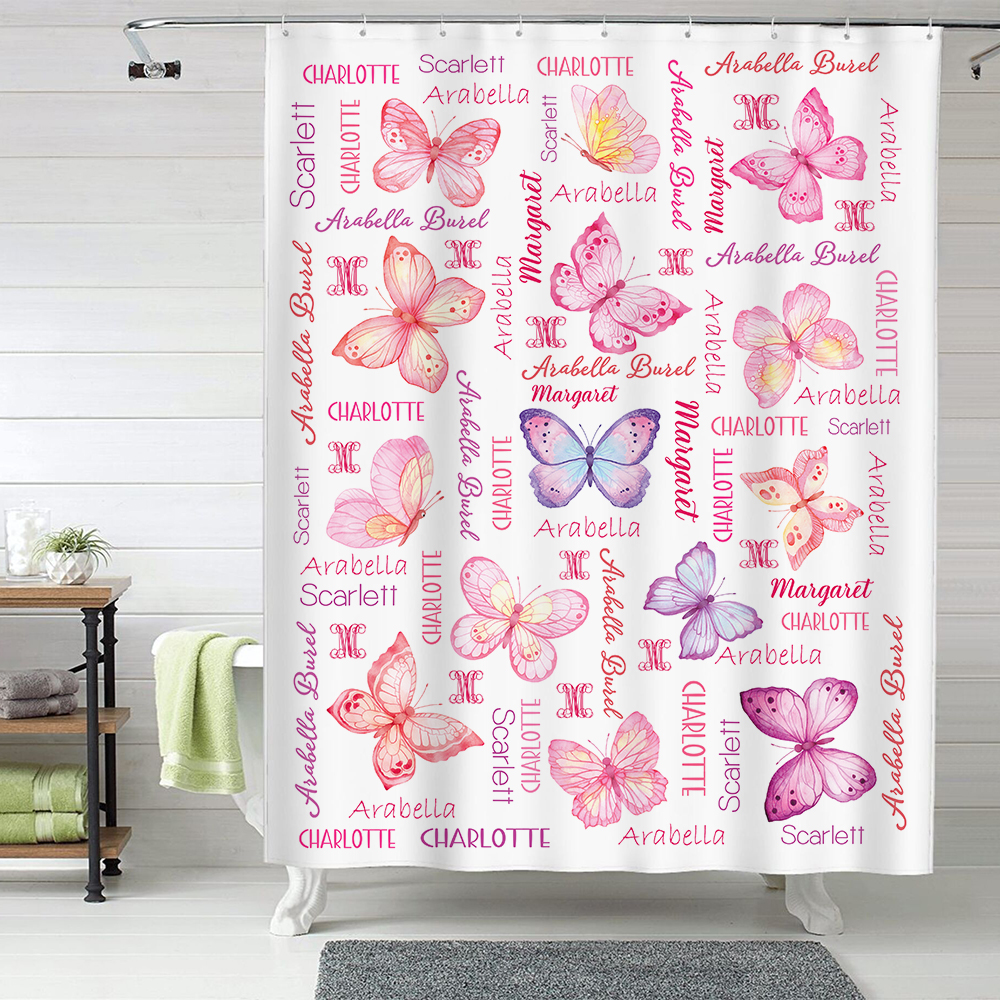 Rideau de douche personnalisé Multicolore Papillon Nom Nuage avec 12 œillets antirouille Décoration de salle de bain Anniversaire Cadeau de pendaison