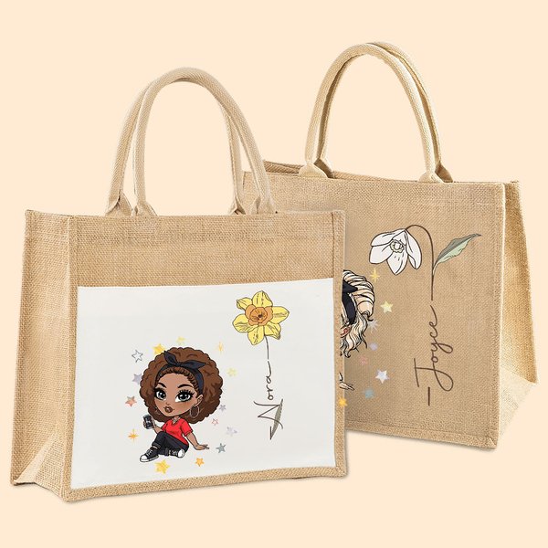 Personalised Cartoon Fashion Girl Birth Flower Tote Bag Wedding Birthday Gift for Women Girls