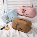 Personalised Birth Flower Bouquet Waterproof Leather Makeup Bag with Name and Handle Birthday Wedding Gift for Her
