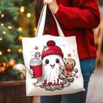 Gepersonaliseerde schattige Beanie Ghost Gingerbread Candy Cane Sneeuwvlokken Canvas Tote Bag met naam Verjaardag Kerstcadeau voor familie vriend(in)