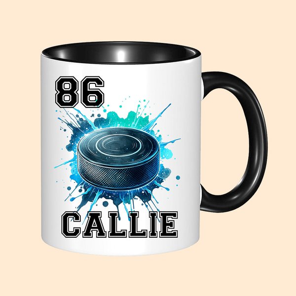 Personalized Neon Dynamic Hockey Design 11oz Ceramic Mug with Name and Number Birthday Sports Gift for Hockey Players Lovers