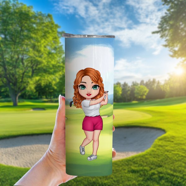 Personalised Cartoon Golf Player Character 20oz Skinny Tumbler with Name and Straw Birthday Sport Accessories Gift for Golf Enthusiast