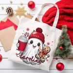 Gepersonaliseerde schattige Beanie Ghost Gingerbread Candy Cane Sneeuwvlokken Canvas Tote Bag met naam Verjaardag Kerstcadeau voor familie vriend(in)