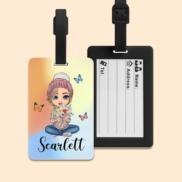 Personalized Cartoon Character Birth Flower Bouquet Travel Luggage Tag with Name Travel Accessory Birthday Christmas Gift for Women Girls